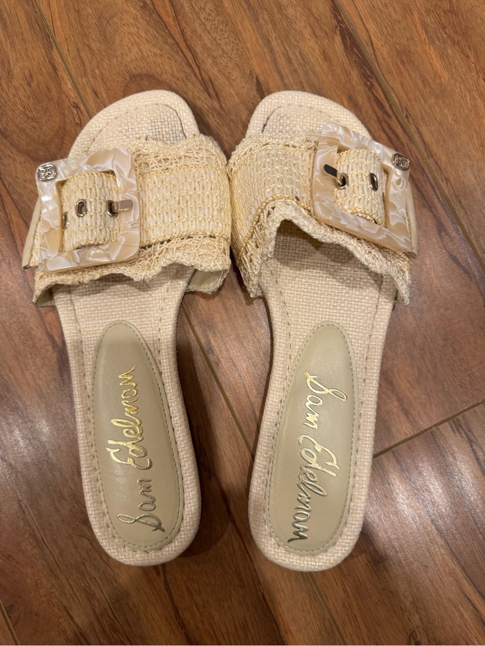 Sam Edelman Cream Woven Buckle Slip-On Sandals